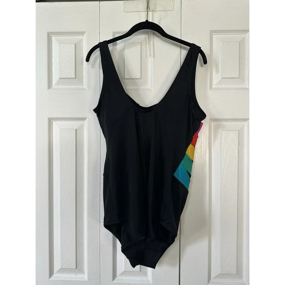 Longitude One Piece Swimsuit Size 22W Black Multicolor Striped Tummy Resort